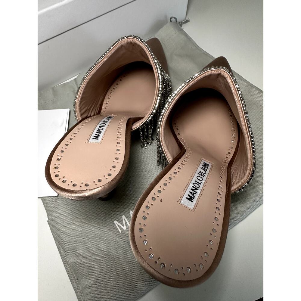 $1565 Manolo Blahnik Womens Satin Mules Clogs Crystal Fringe Beige NEW Size 37 - Picture 3 of 5